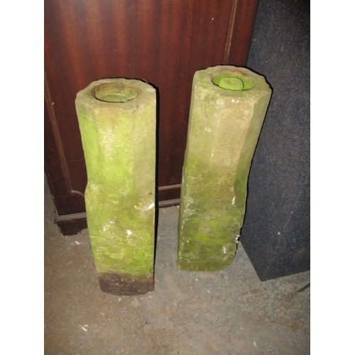 322 - Two hand carved sandstone staddle stone pillars, no top mushrooms, approx. height 61cm base approx. ... 