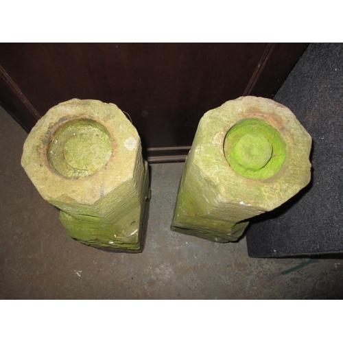 322 - Two hand carved sandstone staddle stone pillars, no top mushrooms, approx. height 61cm base approx. ... 