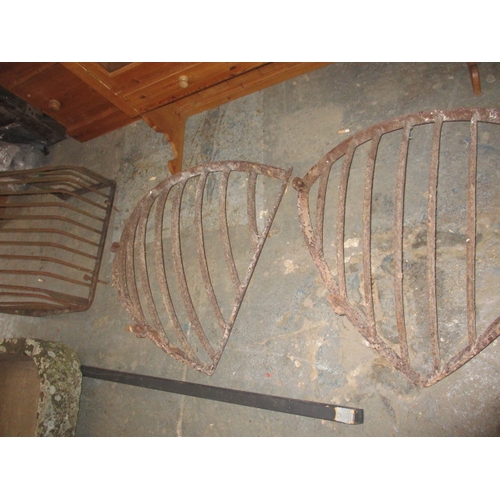 326 - 3 antique Iron hay rack feeder cages, 2 shield type and one cage, rust but no damage to bars, approx... 