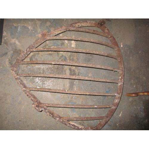 326 - 3 antique Iron hay rack feeder cages, 2 shield type and one cage, rust but no damage to bars, approx... 