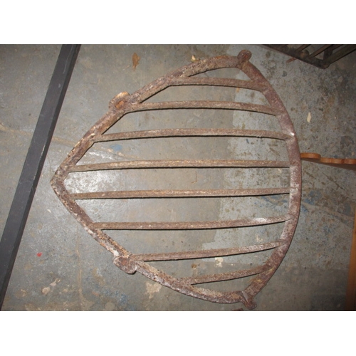 326 - 3 antique Iron hay rack feeder cages, 2 shield type and one cage, rust but no damage to bars, approx... 