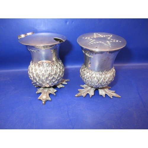 Two sterling silver condiment pots in the shape of Scottish thistles, approx. weight without liners 118.7g, in pre-owned condition