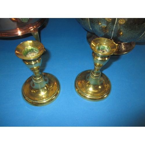 364 - A parcel of antique copper and brass items, to include candlesticks an ornate kettle and a plant pot... 