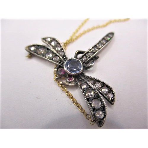 107 - An 18ct gold necklace with antique dragonfly pendant set with diamonds, ruby and sapphire, in good p... 