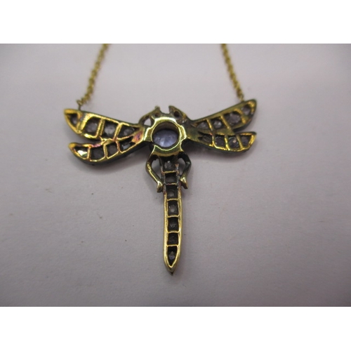 107 - An 18ct gold necklace with antique dragonfly pendant set with diamonds, ruby and sapphire, in good p... 