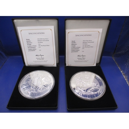 Two 10oz .999 fine silver £10 coins, in BU condition and in original presentation boxes