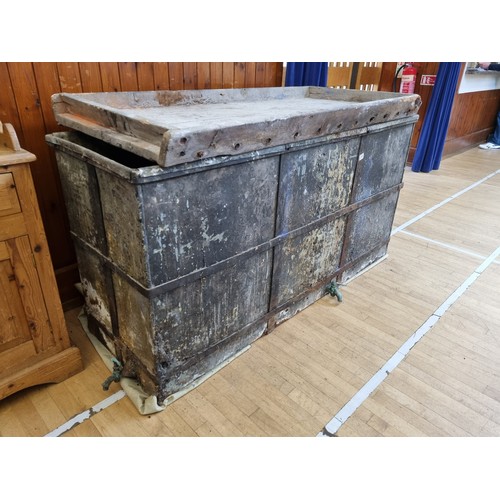 318 - A large antique two compartment metal tank, with iron banded sides and brass taps, possibly used for... 