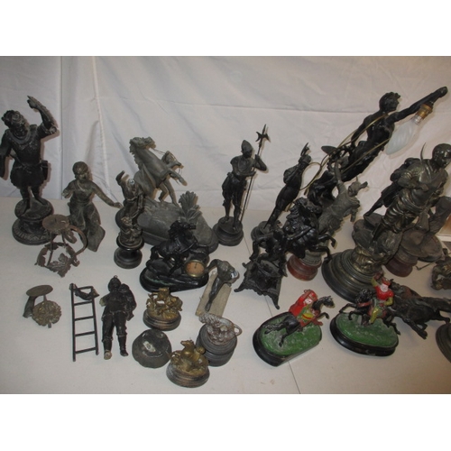 63 - A large quantity of 19th Century and later spelter figures, to include a lamp. Some damages