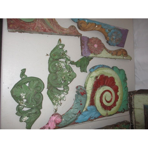 71 - A quantity of antique carved panels from a Romany Caravan. Age related wear and some paint loss. Lar... 