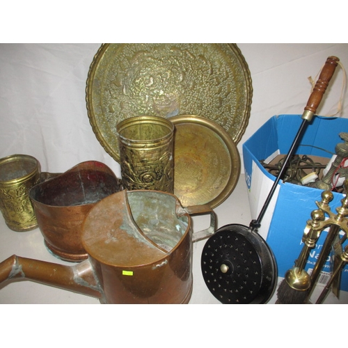 74 - A quantity of vintage brass and copper items, to include a large tray and a coal scuttle. All with u... 