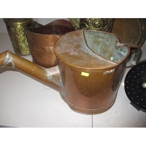 74 - A quantity of vintage brass and copper items, to include a large tray and a coal scuttle. All with u... 