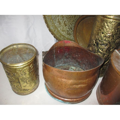 74 - A quantity of vintage brass and copper items, to include a large tray and a coal scuttle. All with u... 