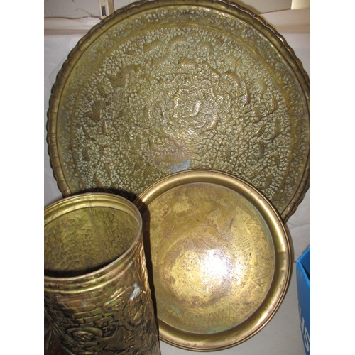 74 - A quantity of vintage brass and copper items, to include a large tray and a coal scuttle. All with u... 