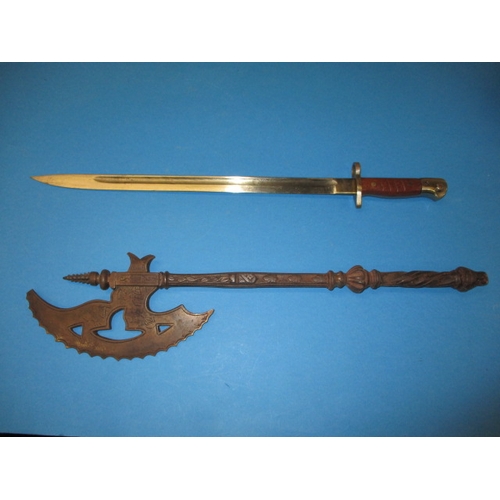 186 - A bayonet and decorative wall hanging axe, in used condition, approx. length 56cm