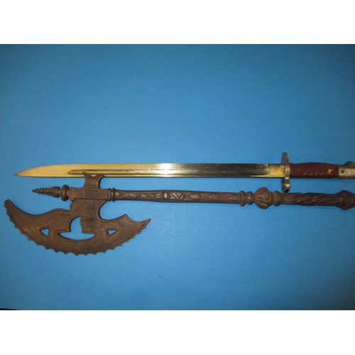 186 - A bayonet and decorative wall hanging axe, in used condition, approx. length 56cm