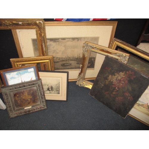 187 - A quantity of antique and later pictures and frames, to include a large 19th century engraving of Gt... 