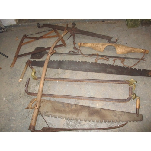 190 - A quantity of antique and later agricultural related tools, to include a large iron balance scale ba... 