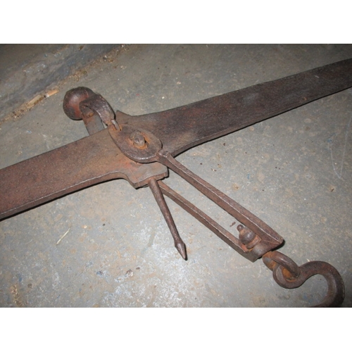 190 - A quantity of antique and later agricultural related tools, to include a large iron balance scale ba... 