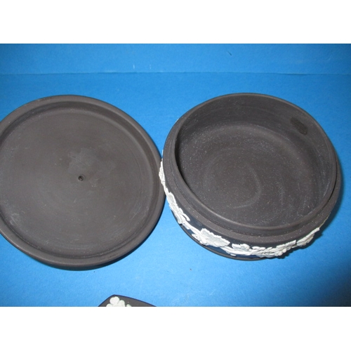 206 - Three pieces of vintage Wedgwood black basalt jasperware, one tray with repair to underside of rim a... 