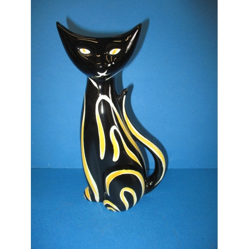 208 - A mid 20th century ceramic cat vase, with black body and yellow stripes, in good condition with no o... 