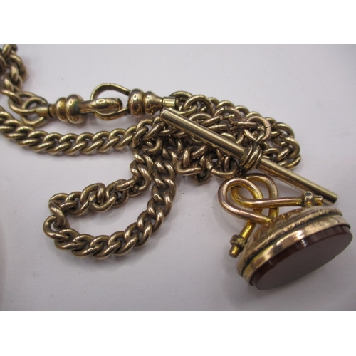 111 - A gold plated pocket watch with albert chain and hard stone fob and a yellow metal necklace, watch n... 