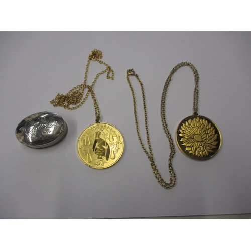 Two gilt silver necklaces with pendants and a silver pill box, approx. parcel weight 76.5g, all in pre-owned condition