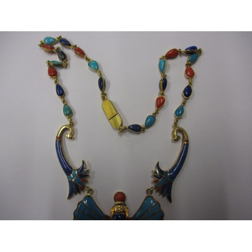 69 - An Egyptian gold and enamel pharaonic jewellery necklace,  assay marked in several places 18ct?, app... 