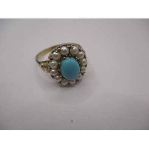 10 - A vintage 9ct yellow gold, pearl and turquoise dress ring, approx. ring size ‘O’, approx. weight 2.9... 