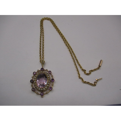 85 - An antique 9ct gold necklace with 15ct amethyst? and pearl pendant, approx. linear length 42cm appro... 