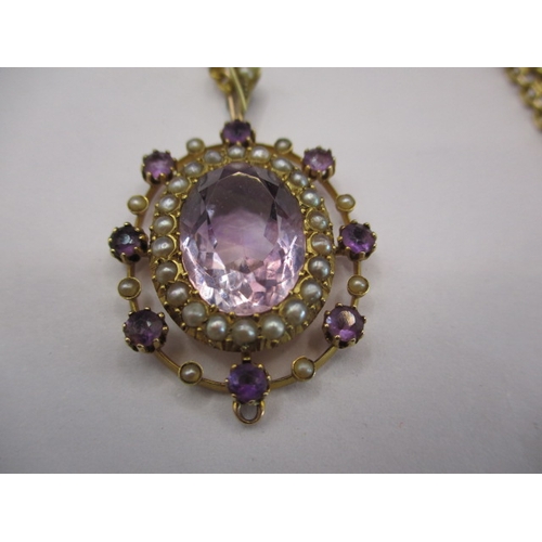 85 - An antique 9ct gold necklace with 15ct amethyst? and pearl pendant, approx. linear length 42cm appro... 