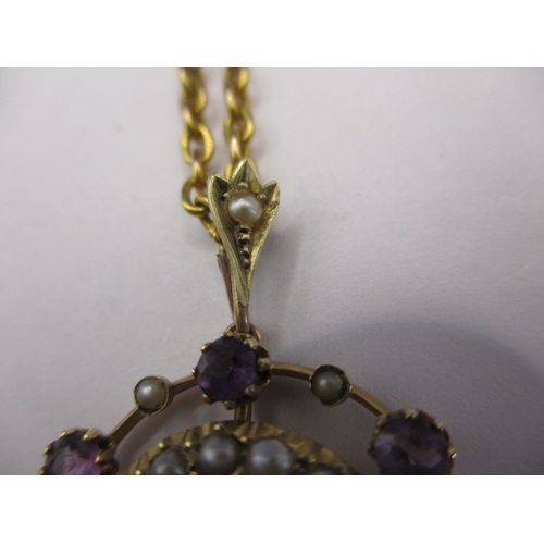 85 - An antique 9ct gold necklace with 15ct amethyst? and pearl pendant, approx. linear length 42cm appro... 