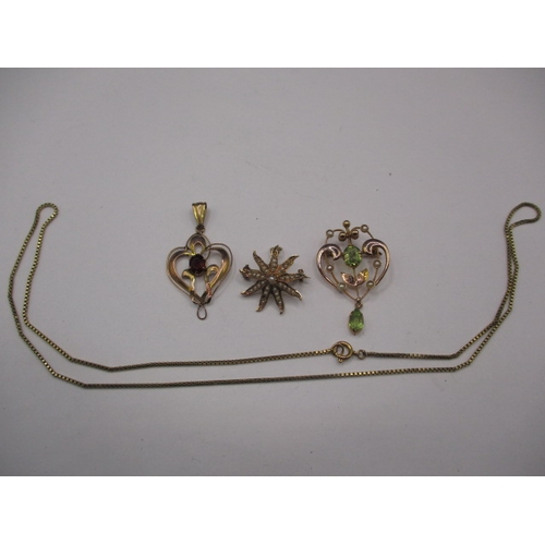 94 - Three antique 9ct gold necklace pendants and a gold chain, approx. gross parcel weight 10.3g, all in... 