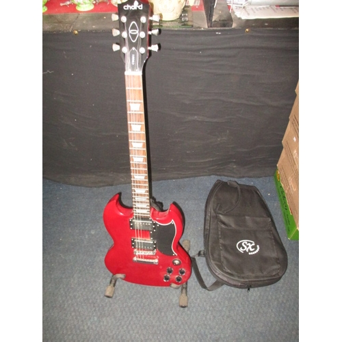 317 - A ‘Chord’ CSG61 electric guitar, with soft carry case and stand. In pre-owned condition