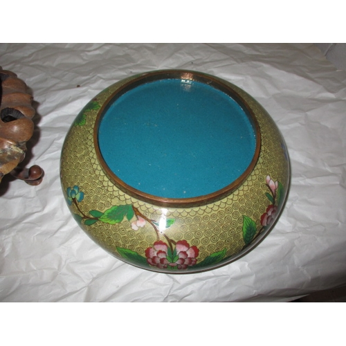 184 - An antique cloisonne bowl on carved wood stand, approx. diameter 20cm, in good pre-owned condition w... 