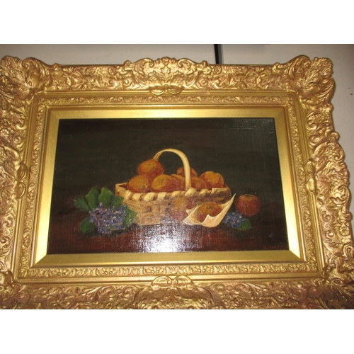 245 - Oil on canvas still life of fruit, approx. image size 40x25cm in gilt frame, having had 2 repairs vi... 