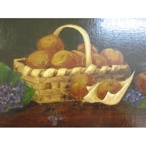 245 - Oil on canvas still life of fruit, approx. image size 40x25cm in gilt frame, having had 2 repairs vi... 