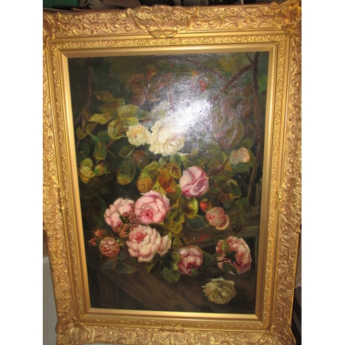 243 - An antique oil on canvas floral painting, approx. image size 65x45cm having had repairs and in later... 