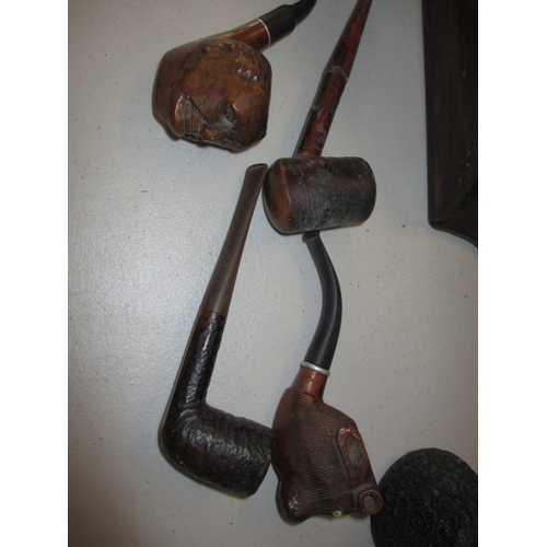 303 - A stained pine wall mounted pipe rack with some pipes, all in used condition