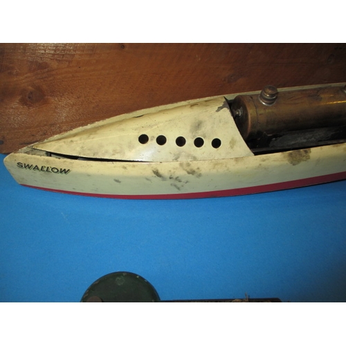 210 - A vintage Bowman, live steam model boat, ‘Swallow’. With original wooden box, approximate length 48c... 