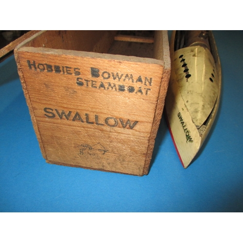 210 - A vintage Bowman, live steam model boat, ‘Swallow’. With original wooden box, approximate length 48c... 