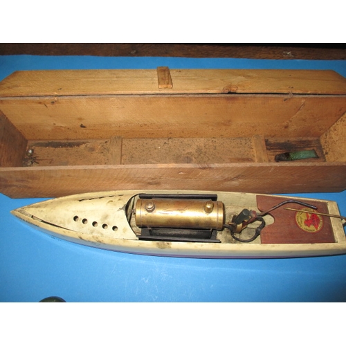 210 - A vintage Bowman, live steam model boat, ‘Swallow’. With original wooden box, approximate length 48c... 