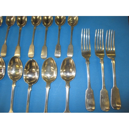 151 - A parcel of Victorian silver flatware, spoons and forks, a harlequin parcel but close matching, appr... 