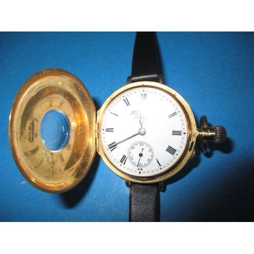 85 - J W Benson 18ct gold cased half hunter pocket watch, converted to a wrist watch, in current working ... 