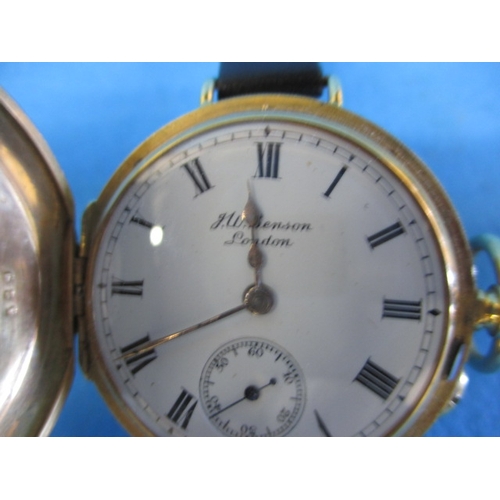 85 - J W Benson 18ct gold cased half hunter pocket watch, converted to a wrist watch, in current working ... 