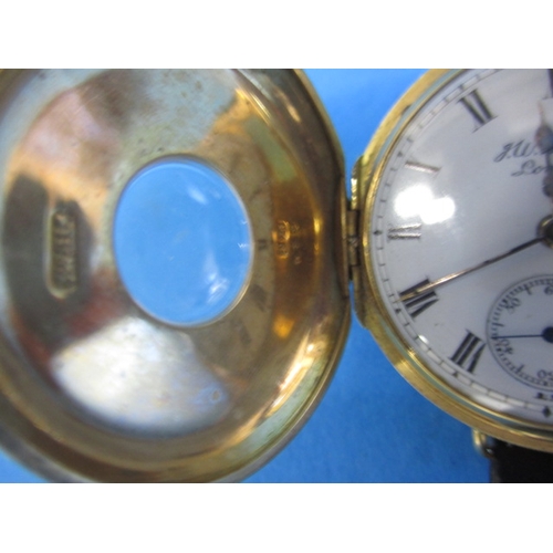 85 - J W Benson 18ct gold cased half hunter pocket watch, converted to a wrist watch, in current working ... 