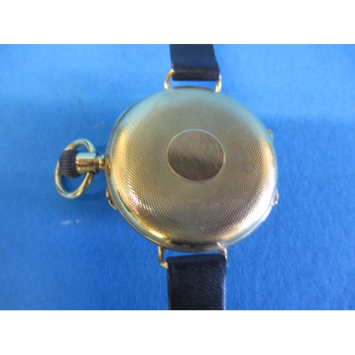 85 - J W Benson 18ct gold cased half hunter pocket watch, converted to a wrist watch, in current working ... 