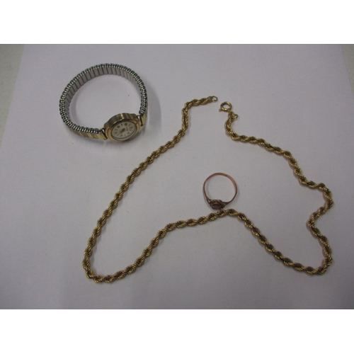 61 - A 9ct gold rope necklace, a gold cased watch and a ring, approx. chain length 40cm, all in used cond... 