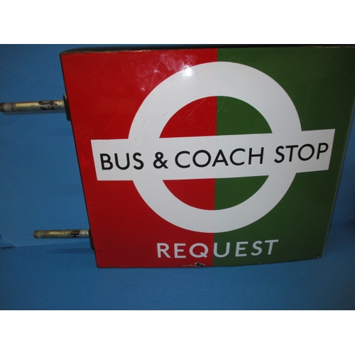 274 - A vintage London Transport double sided enamel Request bus & Coach stop sign, having original mounti... 