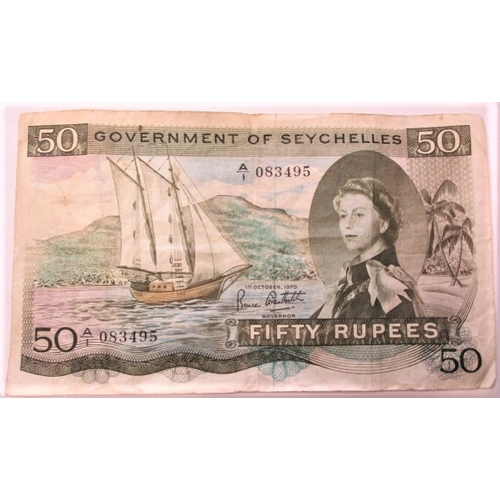 137 - A 1970 Seychelles “SEX” 50 Rupees bank note, an engraver at Bradbury & Wilkinson hid the message in ... 