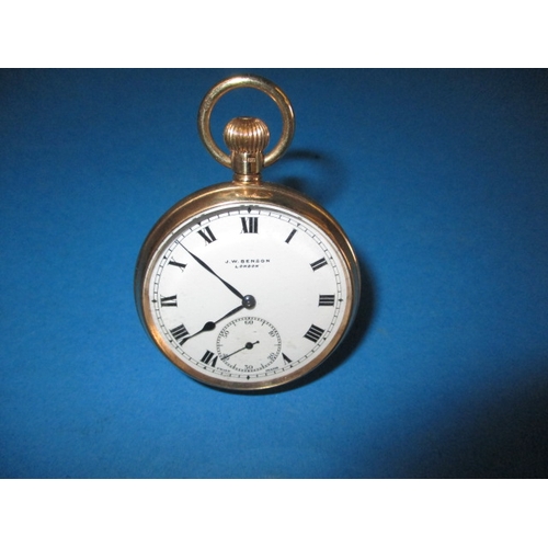 90 - A vintage J W Benson 9ct gold cased open face pocket watch, runs when wound and general light use re... 